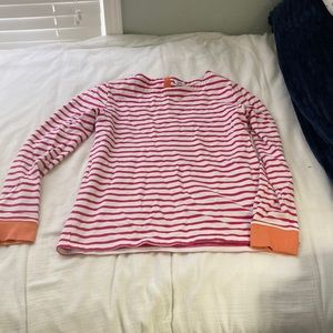 Pink and white stripe pullover with orange cuffs